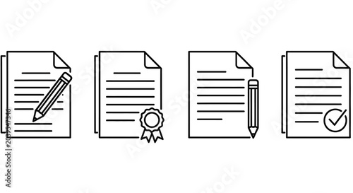 Tableau sur toile Document icons collection including blank pages, signed documents, and approval