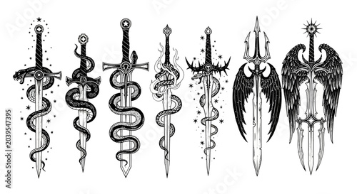 Tableau sur toile A striking collection of fantasy swords, intricately designed with mystical serp