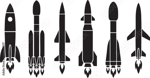 Bild auf Leinwand Black silhouette rocket collection diverse spacecraft designs for futuristic con