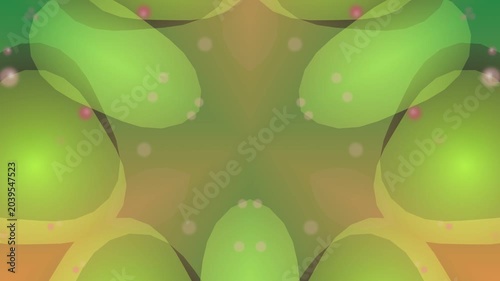 Vibrant green symmetrical pattern with shapes and dots on colorful background