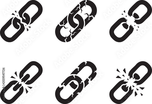Tableau sur toile Chain link breakage set black silhouette icons illustrating damage fracture and