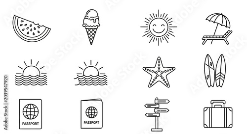 Foto Diverse Outline Icon Collection for Summer Getaways and Travel Adventures, Inclu