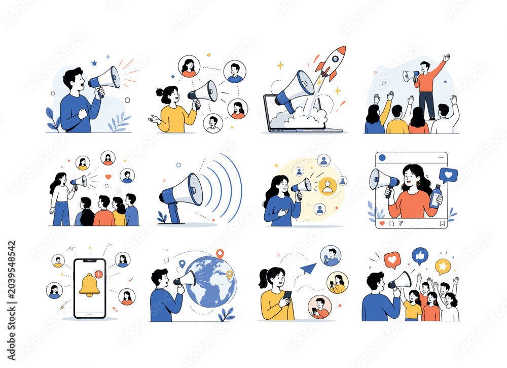 Fototapeta premium Megaphone Announcement Promotion. Marketing and announcement concepts. 12 minimalist editorial vector scenes: person shouting through megaphone, spreading news message, advertising campaign launch,