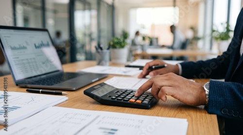 Corporate accountant using calculator to analyze financial data charts on laptop at busy office desk