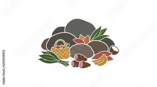 Fotografía Natural Harvest: Organic Fruits and Vegetables with Stones and Basket Illustrati