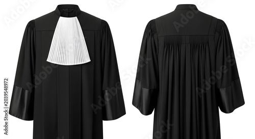 Front and back view of a traditional black legal robe with white jabot