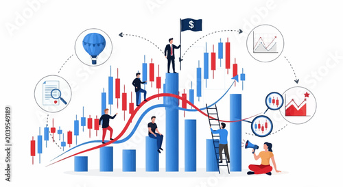 Fotografía Financial growth chart with traders celebrating success on a bull market, highli