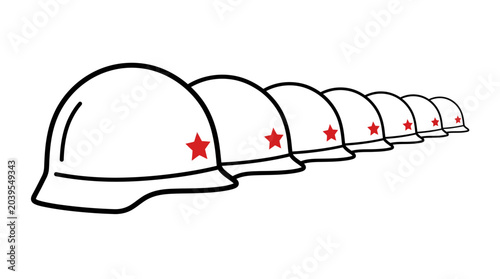 Slika na platnu Row of White Hard Hats with Red Stars, Safety Helmets, Construction Work