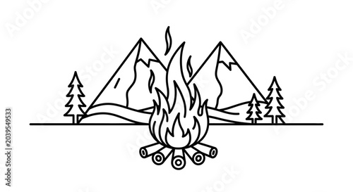 Fotografía Minimalist Line Art Campfire Icon with Mountains and Trees A Symbol of Outdoor A