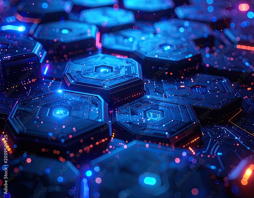 Fototapeta premium Futuristic hexagonal circuit board with glowing blue and orange lights.