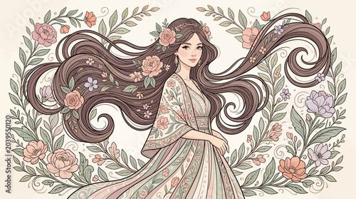 Foto Elegant woman in floral attire with flowing hair