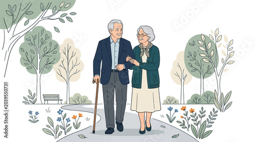 Elderly couple walking in a serene park setting (1)