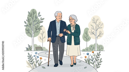 Elderly couple walking in a serene park setting