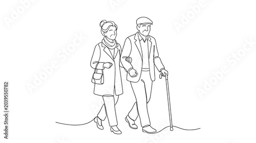 Elderly couple walking together in a serene park setting