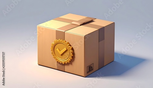 A brown cardboard box with a golden seal and checkmark
