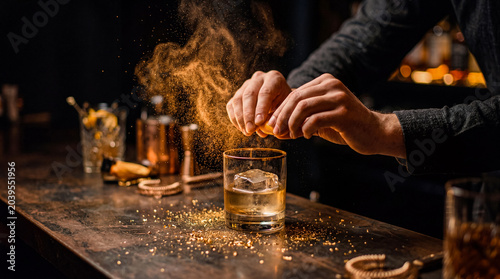 Konstfotografi Bartender's hands expertly garnishing an old fashioned cocktail, creating a burst of zest and aroma