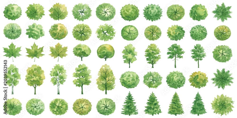 Fototapeta premium Set of various green trees and plants for architectural landscape design plan view and elevation icons collection