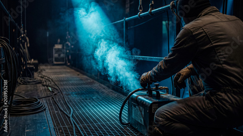 Tableau sur toile Worker in overalls crouching to operate industrial equipment, emitting vapor or smoke in a dimly lit factory setting