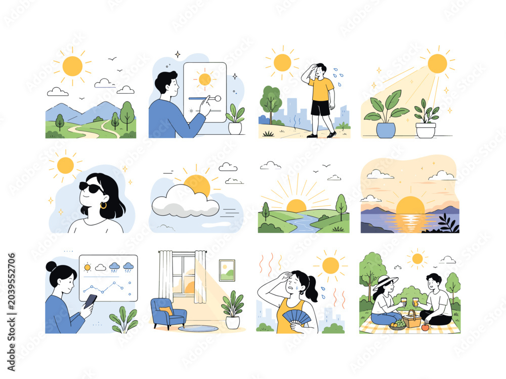 Fototapeta premium Sun Brightness Weather. Weather and sunlight conditions theme and related climate scenes. 12 minimalist editorial vector scenes: sun shining over landscape, adjusting brightness settings, hot sunny