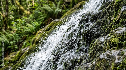 Moss Covered Waterfall in Lush Green Rainforest

