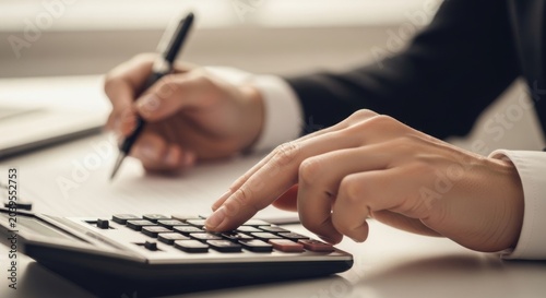 Close up of accountant using calculator and writing notes while auditing corporate financial reports