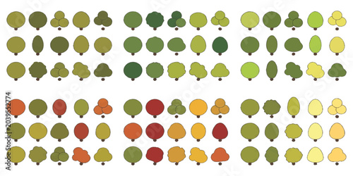 Billede på lærred Set of flat vector tree icons in many different shapes and colors for forest lan