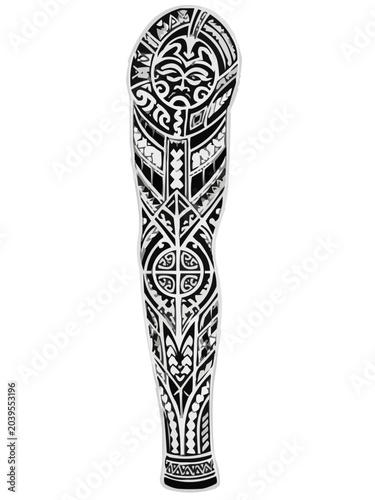 Vector illustration of Marquesan tribal tattoo sleeve design in black and white with green accents, Polynesian body art template