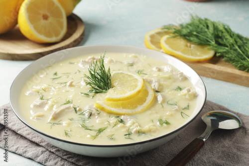 A bowl with traditional Greek lemon soup Avgolemono