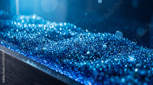 Photos Macro shot of numerous shimmering blue spherical particles, illuminated from below, creating a unique texture