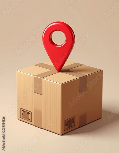 A cardboard box with a red location pin on top (1)