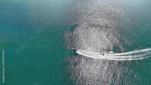 Canvastavla Aerial View of a Small Boat Cruising on Tweed River