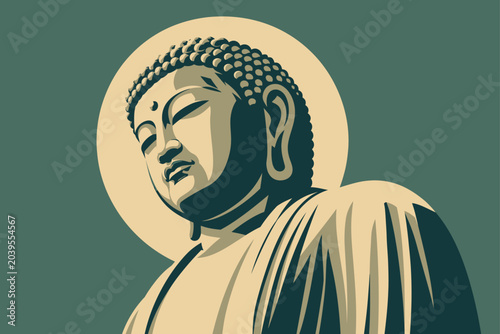 Fotografia Great Buddha of Kamakura at Kotoku-in Temple, Minimalist Vector Illustration of the Famous Japanese Buddhist Statue with Sacred Halo