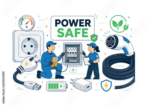 Electrical Power Connections. Electrical plugs and sockets banner with one main scene of two technicians checking safe power connection on a wall panel, oversized mains outlet and coiled charging