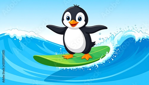 A cartoon penguin surfing on a green board on a wave