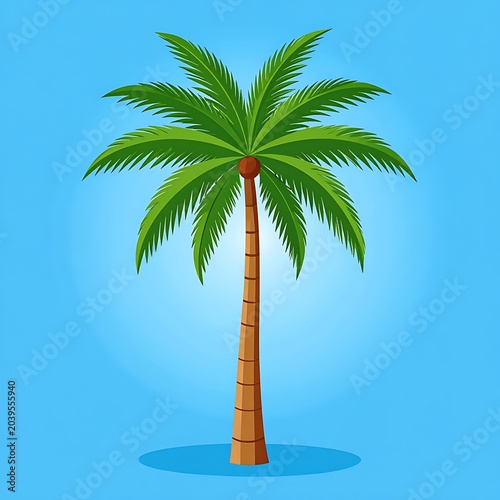 A cartoon palm tree with green leaves and brown trunk on blue background