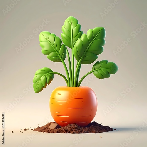 A cartoonish orange vegetable with green leaves growing out