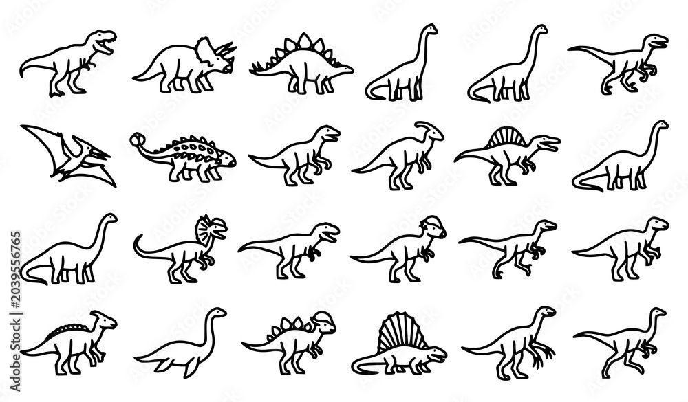 Fototapeta premium Dinosaur Outline Icon Collection with Prehistoric Animal Species Vector Pack