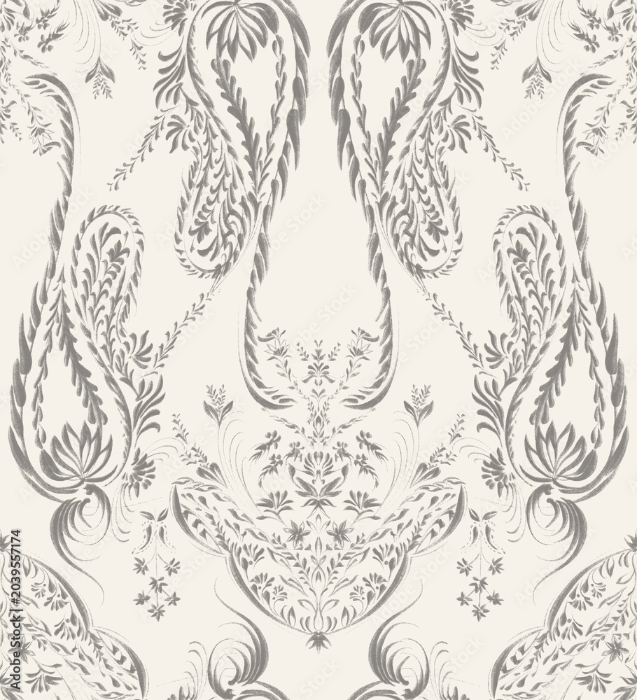 Fototapeta premium Light Gray Paisley Damask Seamless Pattern with Floral and Feather Motifs on Cream Background