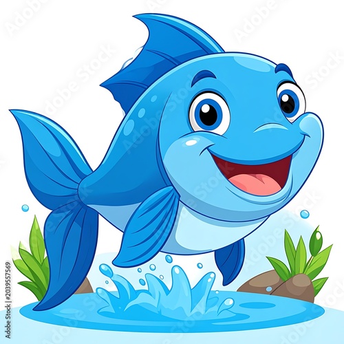 A cheerful blue fish jumping out of water with a big smile