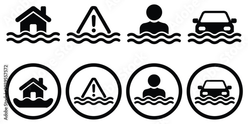 Quadro su tela Flood Hazard and Safety Icons Vector Illustration Set Featuring Rising Water, Fl