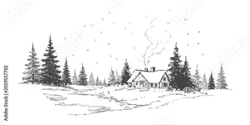 Slika na platnu Small wooden cabin in a snowy winter forest with pine trees and smoke coming fro