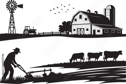 Black and white farm scene with man mowing grass cows grazing