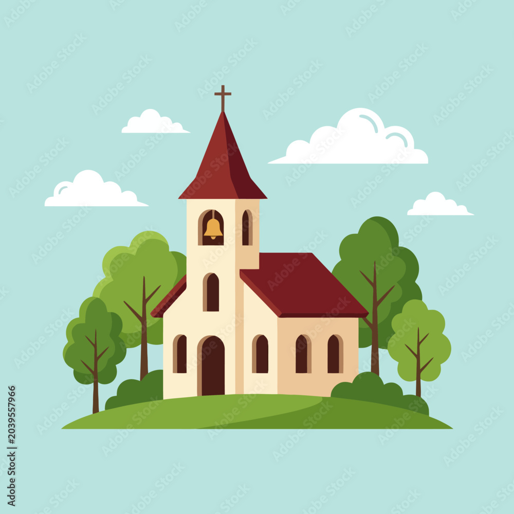 Naklejka premium A small church building sits on a grassy green hill