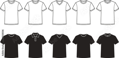Obraz na płótnie Blank T-Shirt and Polo Vector Icon Set Featuring Outline and Solid Black Silhoue