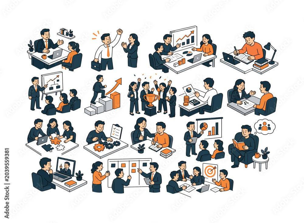 Fototapeta premium Career Web Icons Career Growth Path flat vector digital illustration, doodle flat, thick outline, expressive characters, simple shapes, playful proportions, exaggerated scale, minimal detail, solid