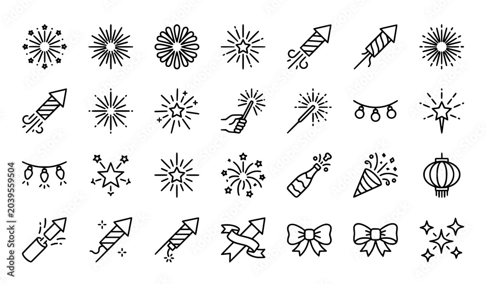 Fototapeta premium Firecracker and Firework Hand Drawn Elements, Celebration Outline Icons