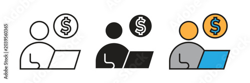 Freelancer Or Paid User Account Icon. Professional vector icon set depicting a person at a laptop with a dollar coin, representing freelance work or billing.