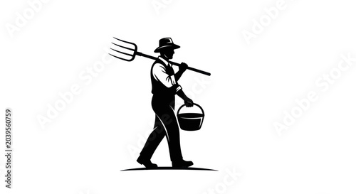 Bild auf Leinwand Farmer silhouette with pitchfork and bucket walking, rural work, agriculture con