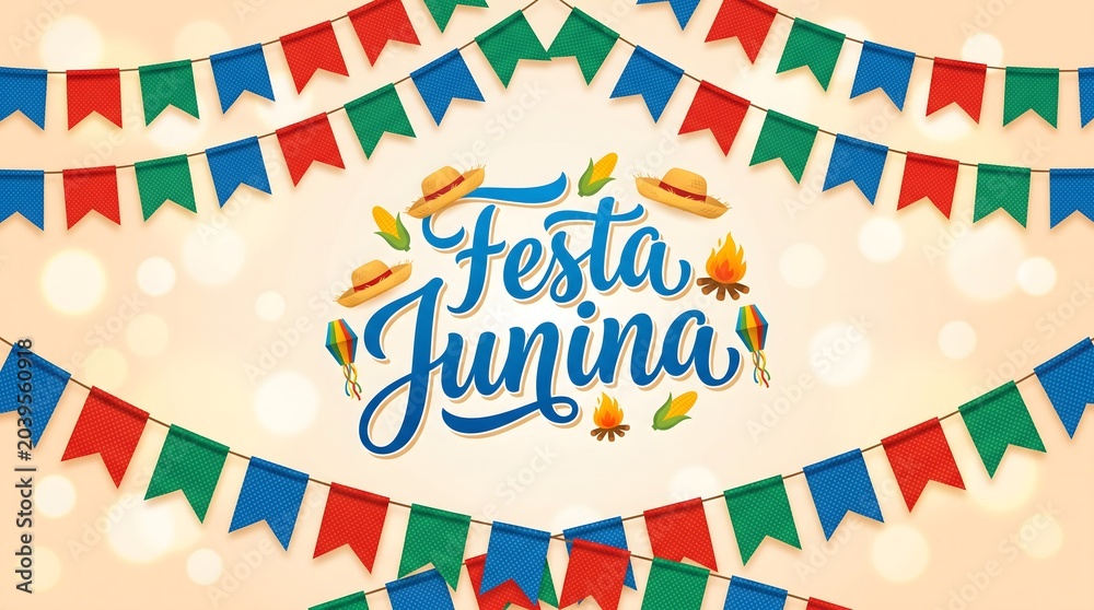 Fototapeta premium Festa junina celebration background with bunting flags and traditional elements