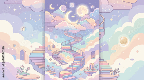 Fotografie Surreal floating stairways leading to clouds and moons, dreamy pastel flat vecto